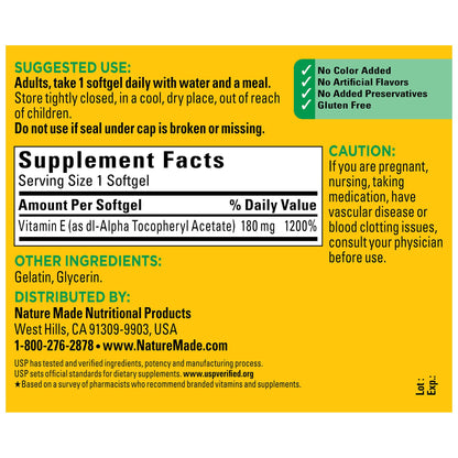 Nature Made Vitamin E 180 mg (400 IU) dl-Alpha, Dietary Supplement for Antioxidant Support, 300 Softgels, 300 Day Supply - Nirvana Guru