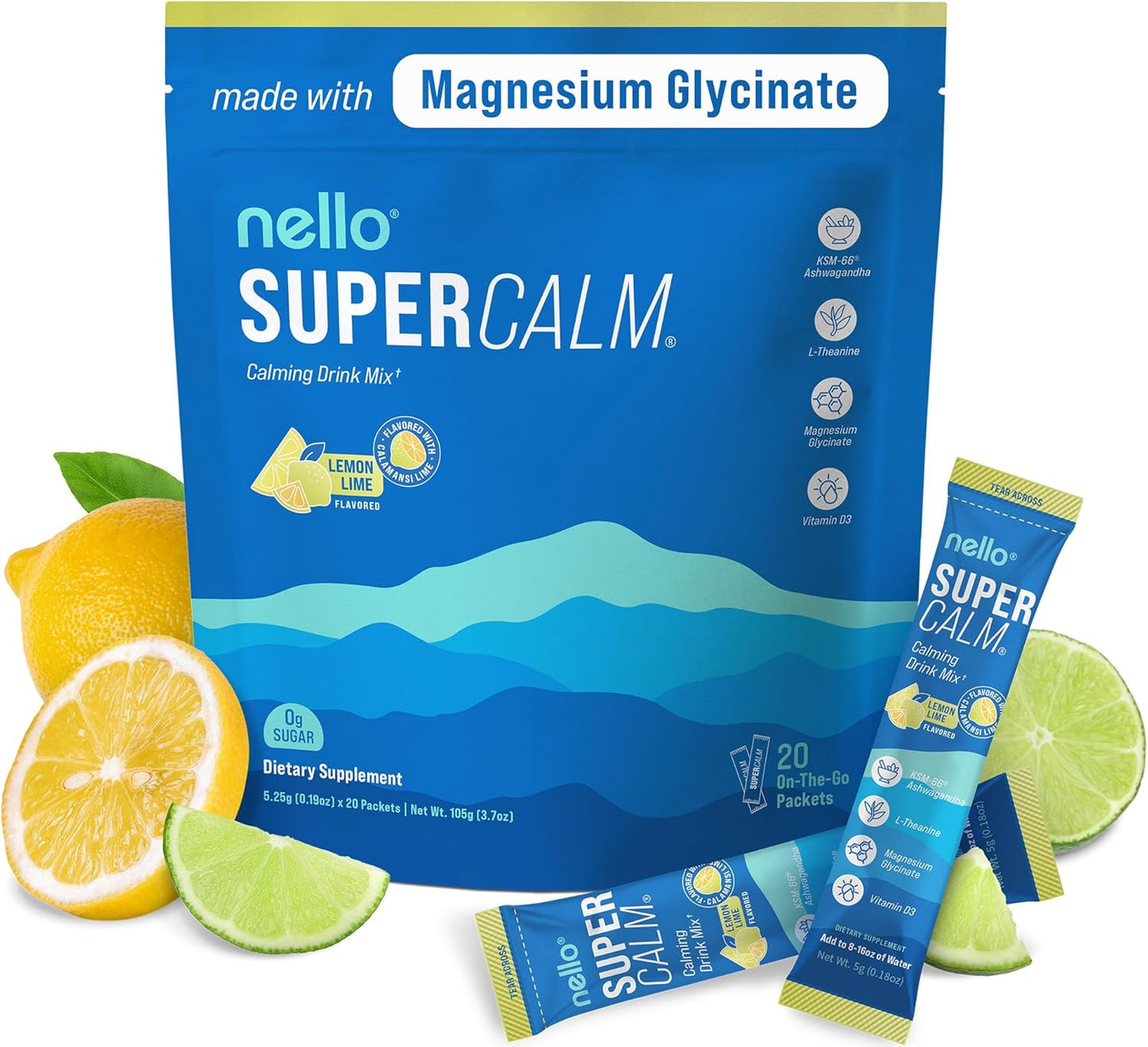 Supercalm Powdered Drink Mix, Raspberry Lemonade, L Theanine, Ksm-66 Ashwagandha, Magnesium Glycinate, Vitamin D 3, Supplements for Relaxation & Focus, No Sugar, Non GMO, On The Go, 20 Ct