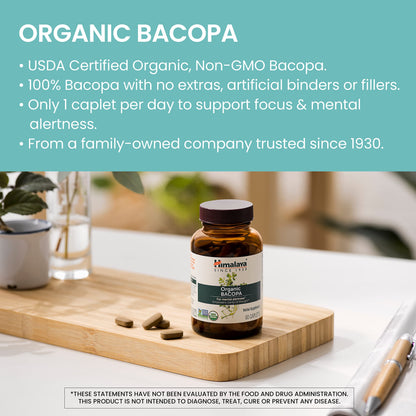 Himalaya Organic Bacopa Monnieri Nootropic Herbal Supplement, Supports Calm, Memory, Cognition, USDA Certified Organic, Non-GMO, 750 mg, 60 Plant-Based Caplets, 60 Day Supply - Nirvana Guru