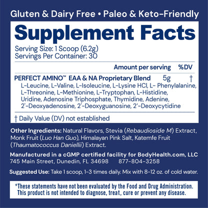 BodyHealth PerfectAmino Powder - BCAA and EAA Powder for Pre and Post Workout - Amino Acid Energy Drink for Men and Women to Support Lean Muscle and Recovery - Strawberry - 30 Servings Nirvana Guru