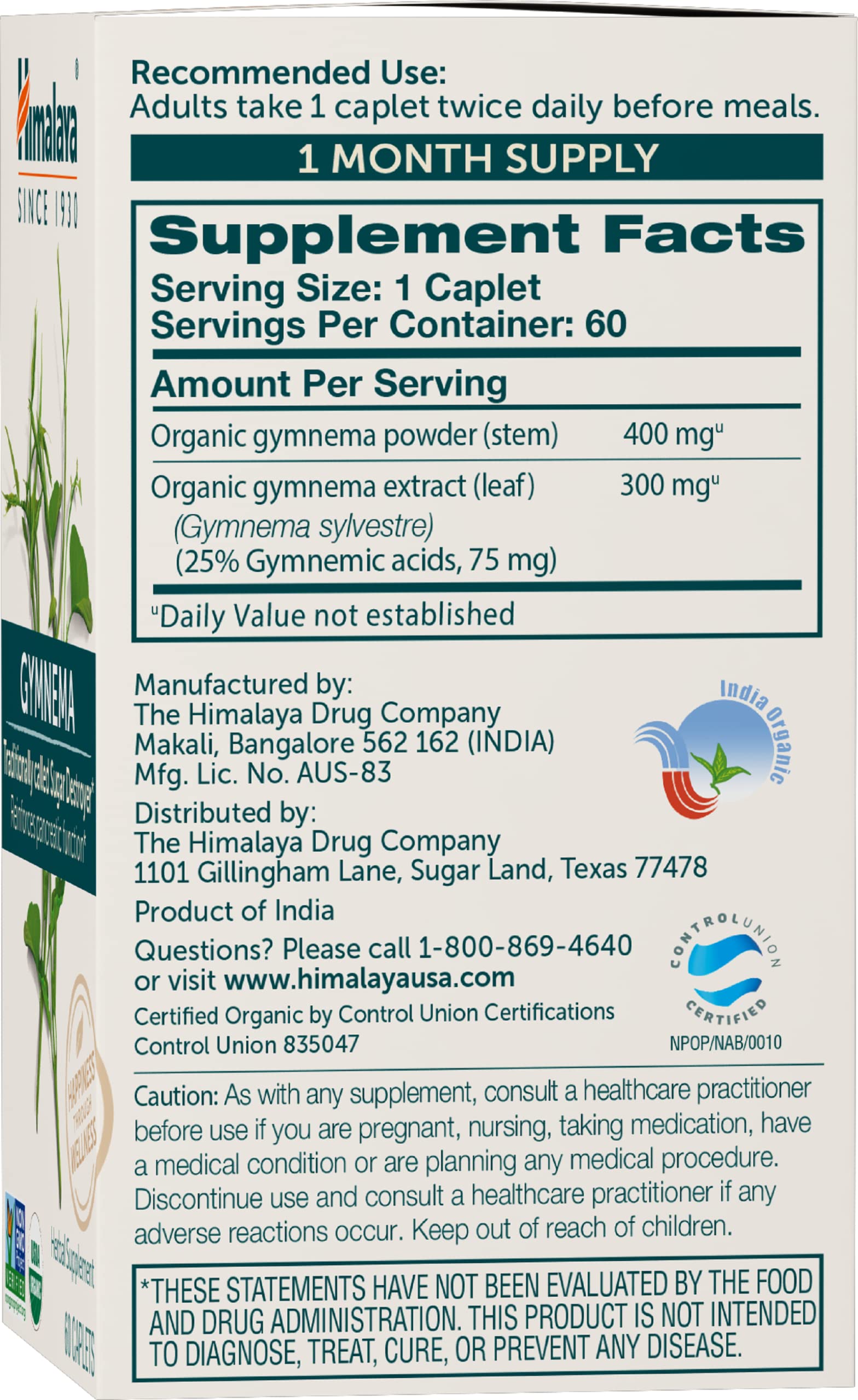 Himalaya Organic Gymnema Sylvestre Herbal Supplement USDA Certified Organic, Non-GMO, 700 mg, 60 Plant-Based Caplets - Nirvana Guru