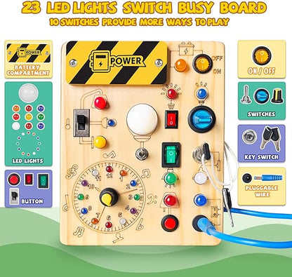 Busy Board, Montessori Toy for 1-3 Years Old, Wooden Toddler Sensory Travel Toy, Ideal Gift for 1+ Year Old Boys (Busy Board Plus V2), Medium, Yellow nirvanaguru