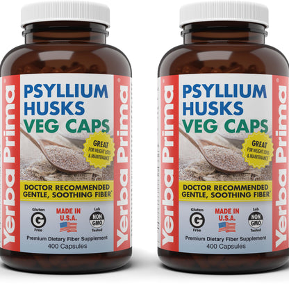 Yerba Prima Psyllium Husks Veg Caps, 400 Capsules (625mg) - Vegan, Non-GMO, Gluten Free, Colon Cleanser, Daily Fiber Supplement for Gut Health & Regularity - Nirvana Guru