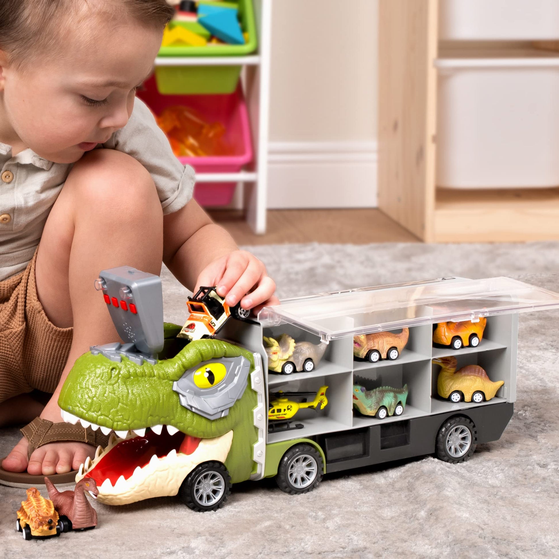 JOYIN 13 in 1 Dinosaur Toys for Kids 3-5, Dinosaur Truck with 12 Pull Back Cars, Small Cars Set, Birthday Gifts Toys for 3 4 5+ Year Old Boy, Transport Carrier Truck for Toddlers 3-4 Years Nirvana Guru