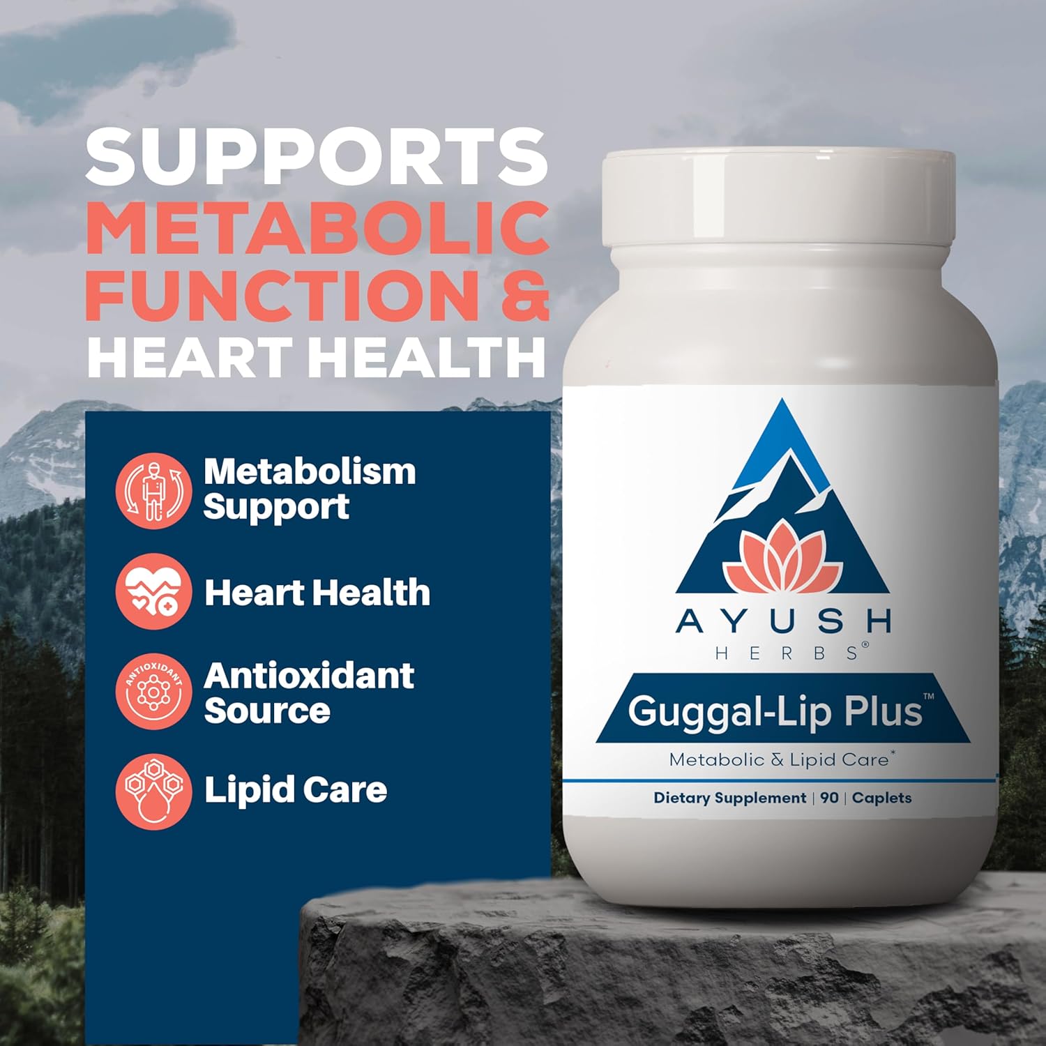 Ayush Herbs Guggal-Lip Plus - Metabolic Vitamins for Women & Men, Daily Pill, Pure & Natural Metabolic Health Supplement with Guggul - 90 Vegetarian Caplets (1 Count) Nirvana Guru