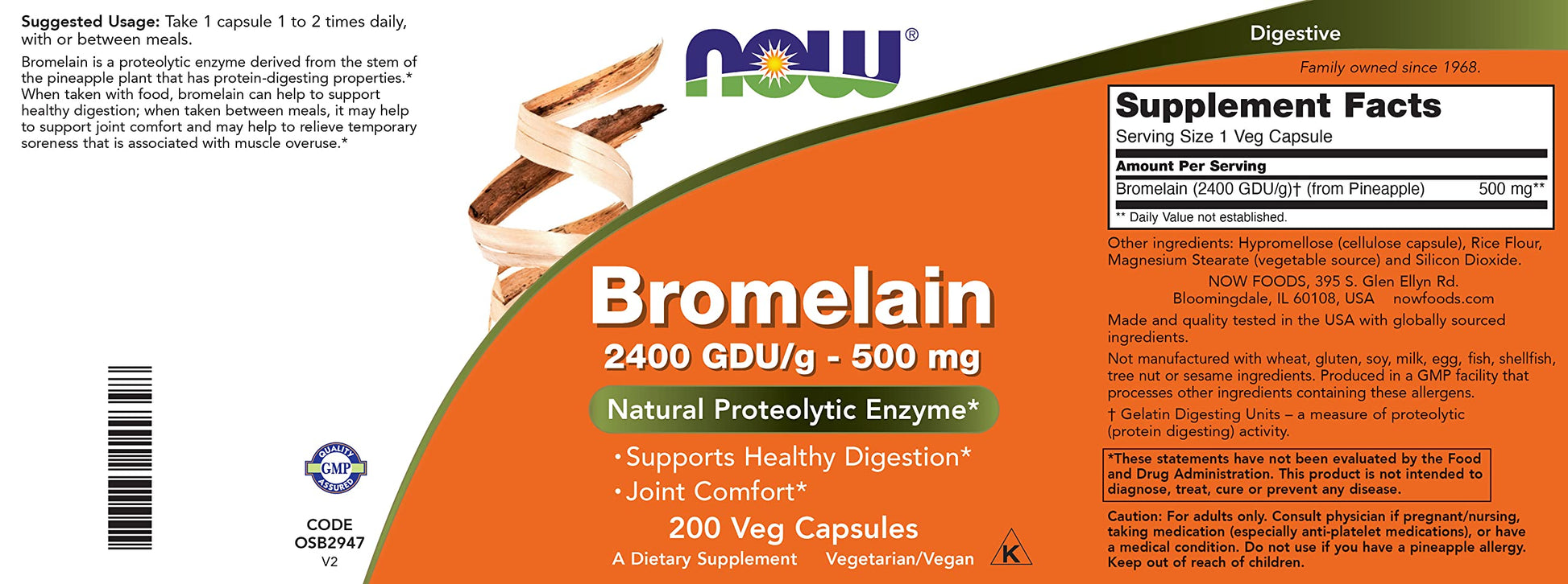 NOW Foods Supplements, Bromelain (Natural Proteolytic Enzyme) 2,400 GDU/g - 500 mg, Natural Proteolytic Enzyme*, 120 Veg Capsules Nirvana Guru