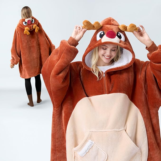 Giggling Getup Wearable Blanket Hoodie for Women Men Sherpa Fleece Hooded Blanket Sweatshirt Warm Cozy Sherpa Wearable Throw Oversized Hoodie with Giant Pocket & Sleeves for Adult Christmas Reindeer nirvanaguru