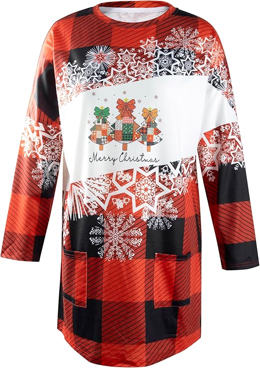MOUSYA Women Dress Shirt Christmas Long Sleeve Tops Santa Printed Pullover Loose Plus Size T-Shirt Blouse with Pockets nirvanaguru