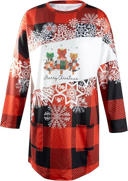 MOUSYA Women Dress Shirt Christmas Long Sleeve Tops Santa Printed Pullover Loose Plus Size T-Shirt Blouse with Pockets nirvanaguru