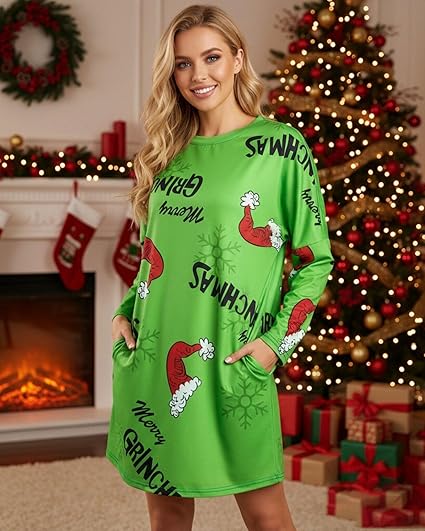 MOUSYA Women Dress Shirt Christmas Long Sleeve Tops Santa Printed Pullover Loose Plus Size T-Shirt Blouse with Pockets nirvanaguru