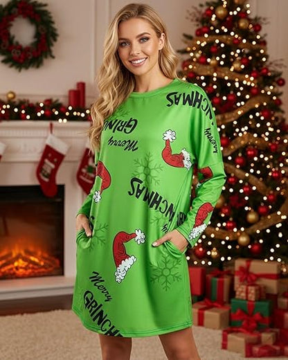 MOUSYA Women Dress Shirt Christmas Long Sleeve Tops Santa Printed Pullover Loose Plus Size T-Shirt Blouse with Pockets nirvanaguru