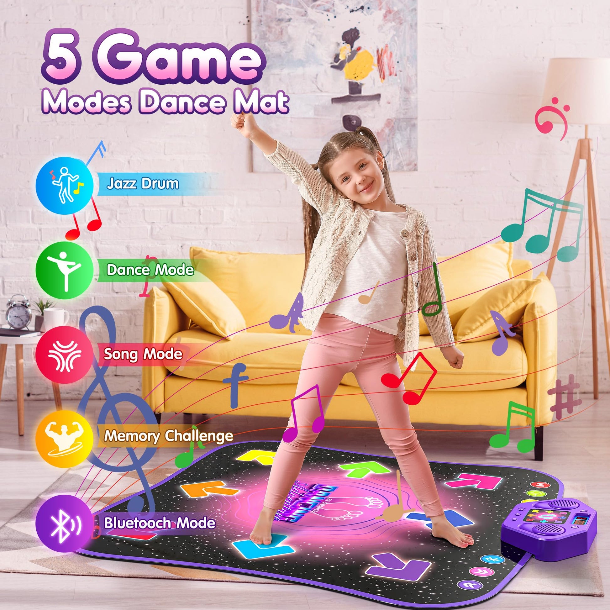 Flooyes Dance Mat Toys for 3-12 Year Old Kids, Electronic Dance Pad with Light-up 6-Button Wireless Bluetooth, Music Dance with 5 Game Modes, Birthday Toys Gifts for 3 4 5 6 7 8 9 10+ Year Old Girls Nirvana Guru