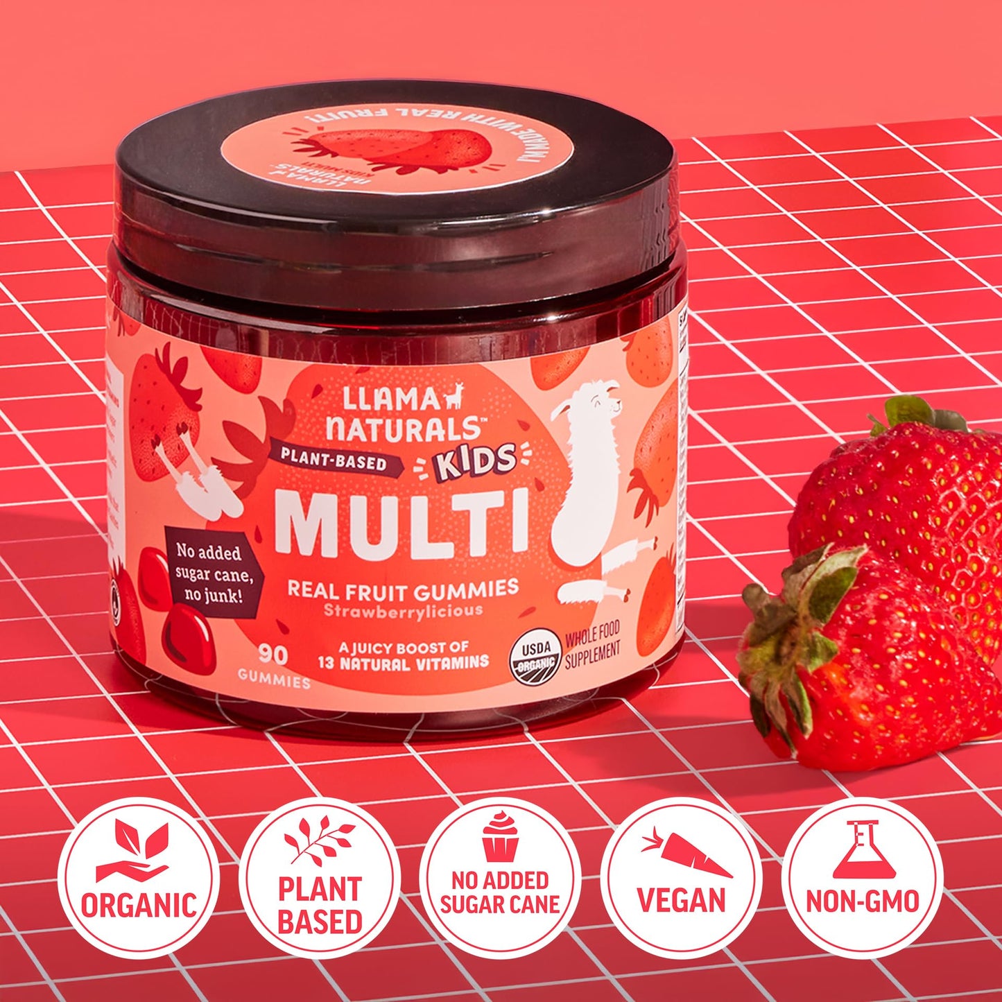Llama Naturals Kids Multivitamin Gummies, Vegan, Organic with Vitamin D, C & K, Toddler Real Fruit Gummy Vitamins, Chewable Supplement, Whole Food Multivitamin, No Added Sugar Cane, Strawberry, 90 Ct Nirvana Guru