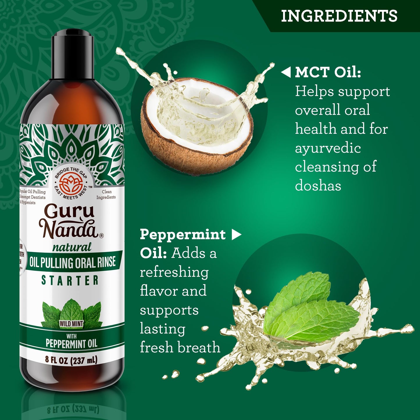 GuruNanda Starter Pulling Oil Mouthwash for Natural Teeth Whitening, Coconut and Peppermint Oil for Fresh Breath & Happy Gums, Alcohol-Free, 8 Oz Nirvana Guru