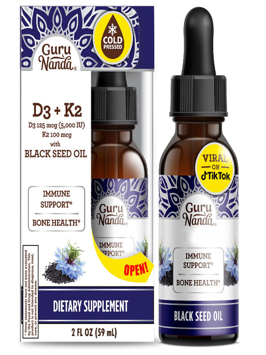 GuruNanda Black Seed Oil, Cold-Pressed Nigella Sativa - Rich in Vitamin D3 5000 Units, K2 & E, High Thymoquinone | Potent Antioxidant for Immune Support, Non-GMO, 2 Fl.oz Nirvana Guru