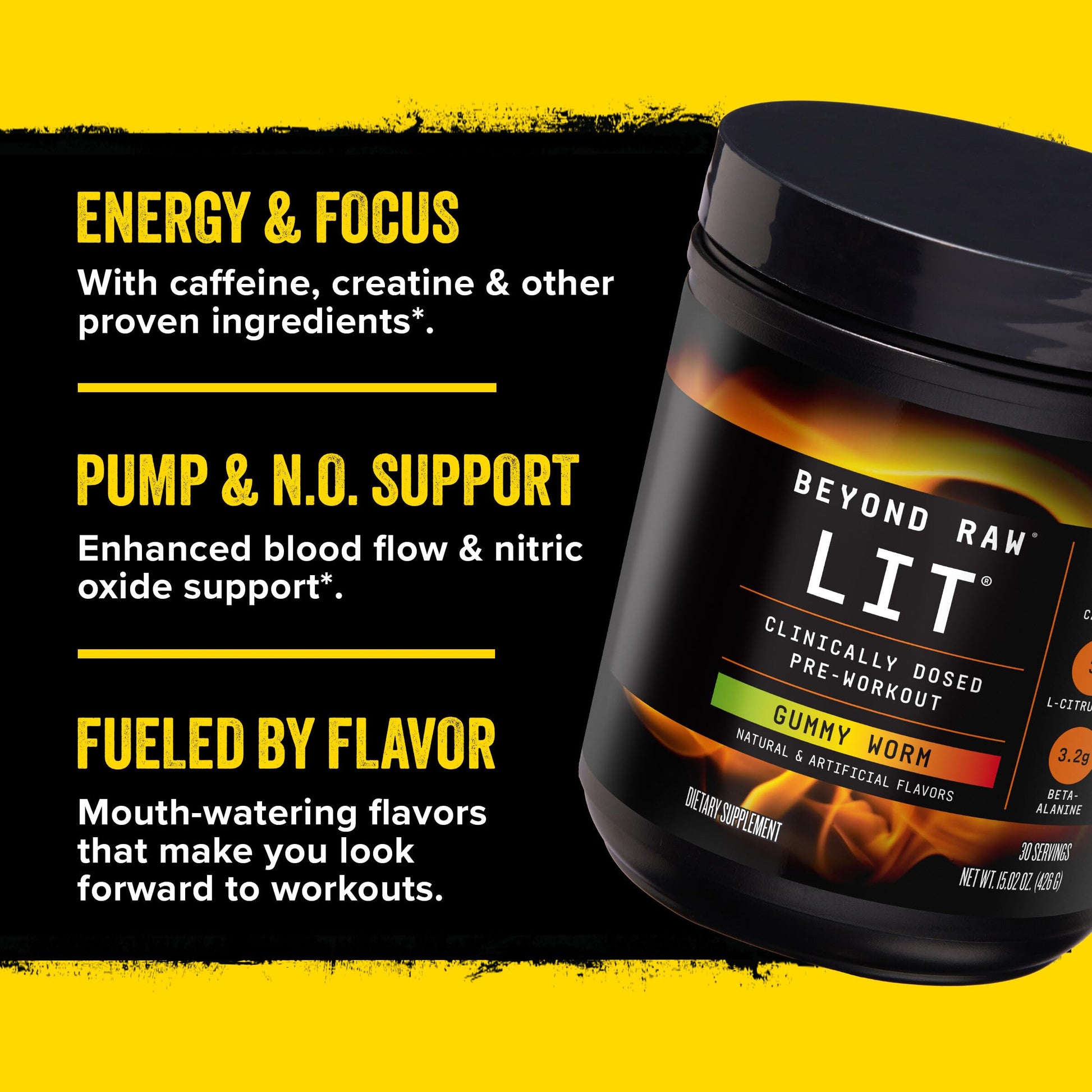 BEYOND RAW LIT Pre Workout Powder Supplement for Men and Women, Energy, Focus, Endurance, Pumps, Nitric Oxide Boost, 250mg Caffeine, Creatine, Beta Alanine, Gummy Worm, 30 Servings Nirvana Guru