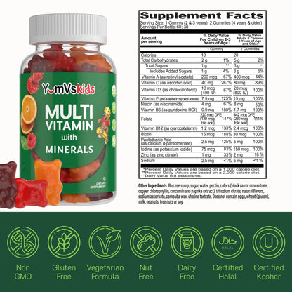 YumVs Kids Multivitamin Gummies - Fruit Flavored Chewable Children's Multivitamin - Kids Vitamins Multivitamin Gummy with 12 Minerals & Vitamins A C D3 E B6 B12 - Kosher Halal Gluten Free (60 Count) - Nirvana Guru