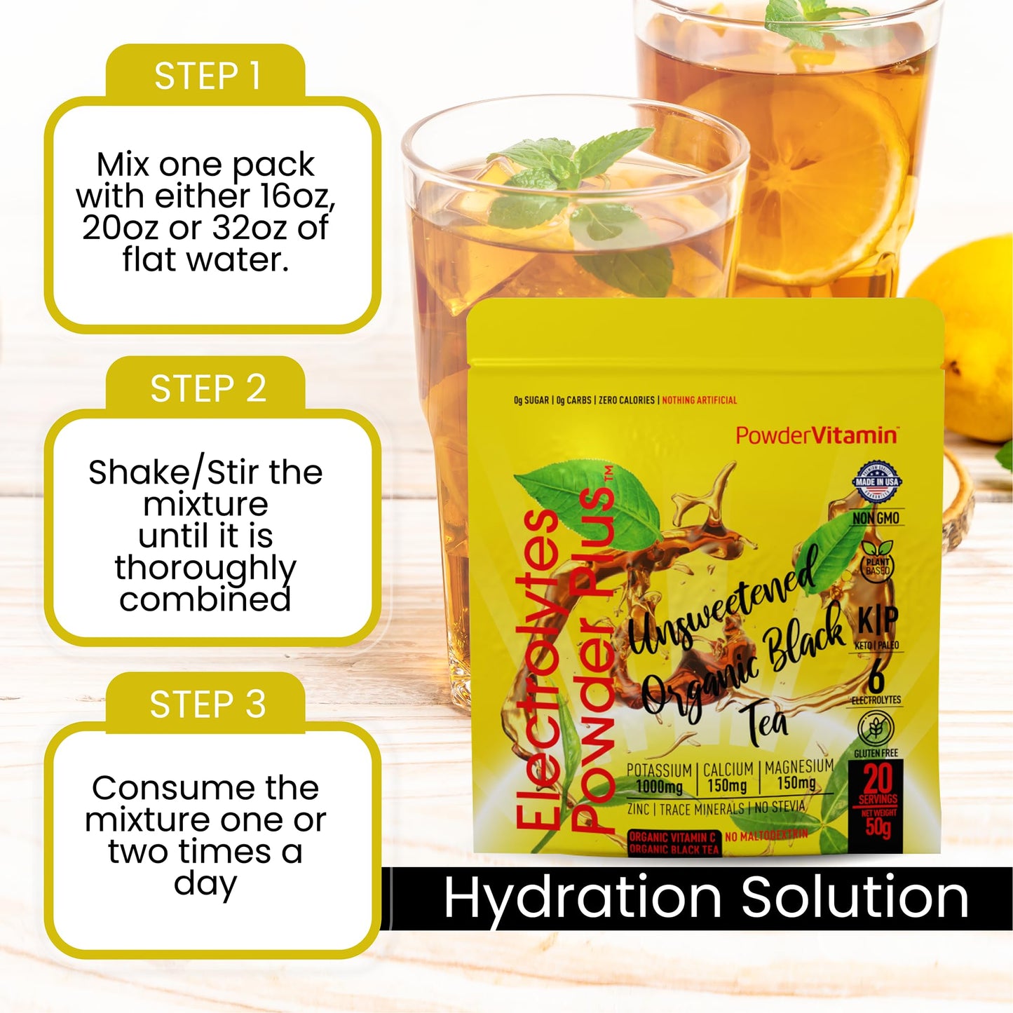 PowerVitamin Lemonade Electrolytes Powder No Sugar for Daily Energy - Keto Electrolytes - Hydration Powder with 1000mg Potassium, 120mg Calcium, Magnesium, Organic Vitamin C, 100 Servings