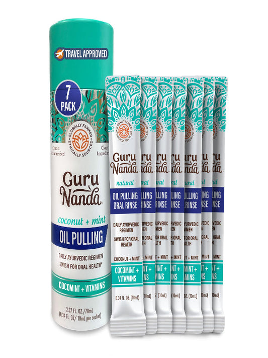 GuruNanda Travel Sachets Coconut Oil Pulling, Fresh Breath Mouthwash, 7 Essential Oils & Vitamins for Happy Teeth & Gums, 28 Sachets Nirvana Guru