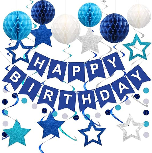 meowtastic Birthday Decorations, Happy Birthday Banner with Honeycomb Balls, Stars Hanging Swirl Streamers, Circle Dots Garland, Happy Birthday Party Decorations for Women Men Boys Girls (Blue) nirvanaguru