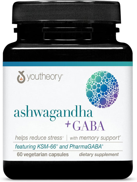Youtheory Ashwagandha + GABA - Uses KSM-66-1,000 mg Ashwagandha & 100 mg GABA - Cortisol, Stress & Memory Support Supplement - 60 Vegetarian Capsules - Nirvana Guru
