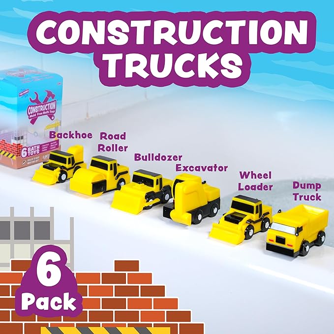 Tub Works® Construction™ Trucks Mold Free Bath Toys, 6 Pack | Sealed, No Hole Bath Toys Design Keeps Moisture Out | Soft, Squeezable & Float on Water | Baby & Toddler Bathtub Toys | Baby Pool Play nirvanaguru