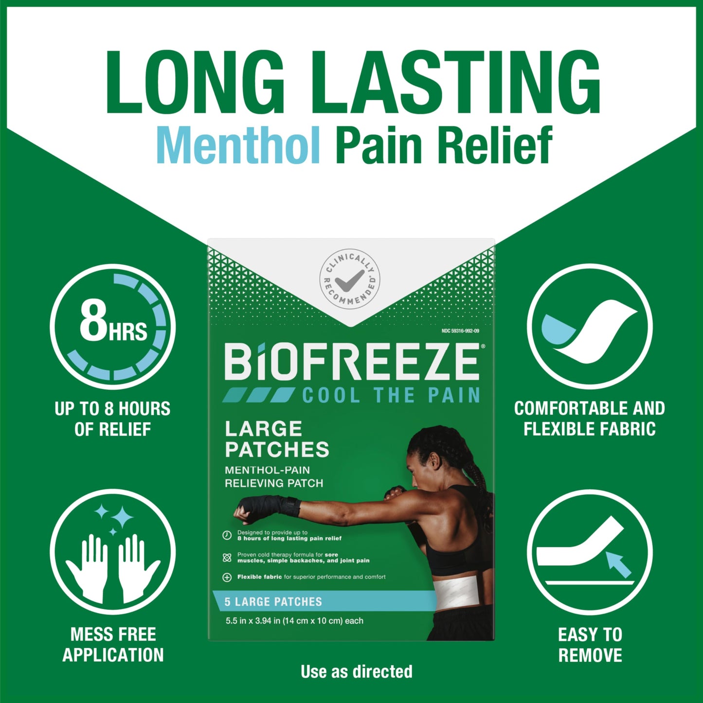 Biofreeze Large Pain Relief Patches, Menthol Pain Patches for Lower Back, Neck, Knee, & Shoulder, Comfortable & Flexible Fabric Stays in Place, FSA Eligible, 5 ct