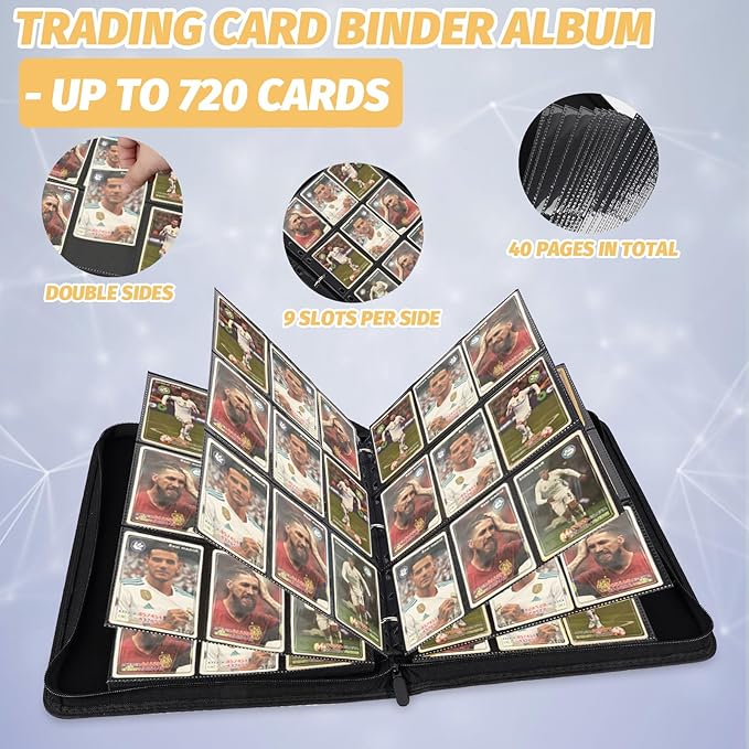 9 Pocket Card Binder, Premium Zip Trading Card Binder, 720 Double Sided Pocket PU Collection Binder, Collector Album, Card Folder for MTG, TCG, Sports Cards, (Black) nirvanaguru