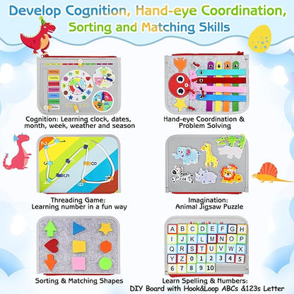 Esjay Toddler Busy Board Montessori Toys for Boys Girls, Sensory Board Educational Activities for Learning Fine Motor Skills, Birthday Gifts for Toddlers, Travel Toys for Airplane Car,Grey Dinosaur nirvanaguru
