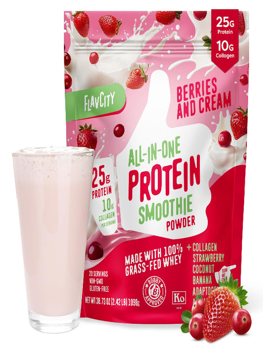 FlavCity Grass Fed Whey Protein Powder - Vanilla Smoothie - 25g Protein & 10g Collagen - Made with Real Vanilla Bean & Organic Coconut Milk - Gluten Free & No Added Sugars (20 Servings)