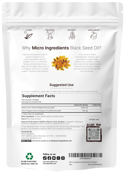 Micro Ingredients Oil of Oregano Softgels, 300 Count | 2 in 1 Formulated with Black Seed Oil, 4X Strength Carvacrol & Thymoquinone | Plant Based, Non-GMO, & Immune Support