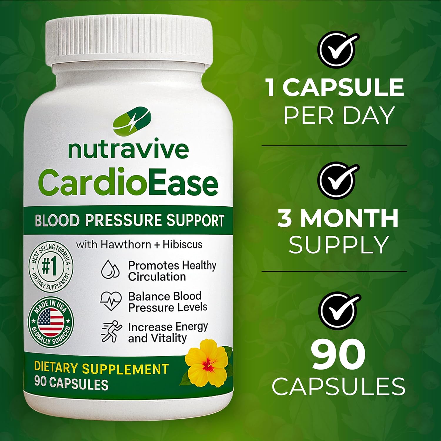 Nutravive Blood Pressure Support Supplement – Natural Heart & Circulation Support with Hawthorn, Garlic, Olive Leaf, Hibiscus & B12 – USA Made, GMP Facility, Third-Party Tested – 90 Capsules Nirvana Guru