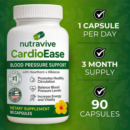Nutravive Blood Pressure Support Supplement – Natural Heart & Circulation Support with Hawthorn, Garlic, Olive Leaf, Hibiscus & B12 – USA Made, GMP Facility, Third-Party Tested – 90 Capsules Nirvana Guru