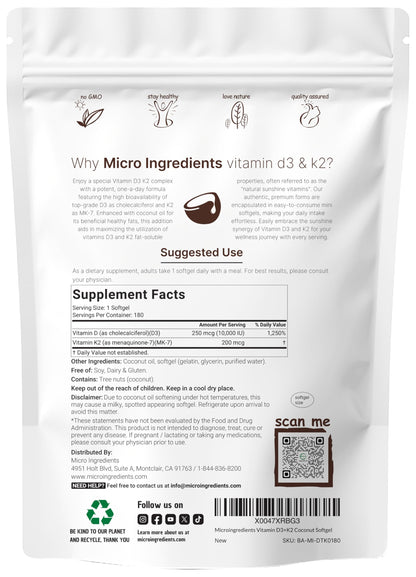 Micro Ingredients Vitamin D3 10,000 IU + K2 MK-7 200 mcg, 300 Softgels | Virgin Coconut Oil | 2-in-1 Bone, Immune & Heart Support | Easy to Swallow, Non-GMO