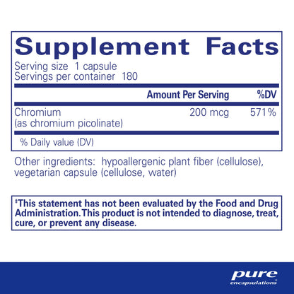 Pure Encapsulations Chromium (Picolinate) 200 mcg | Hypoallergenic Supplement for Healthy Lipid and Carbohydrate Metabolism Support* | 60 Capsules - Nirvana Guru