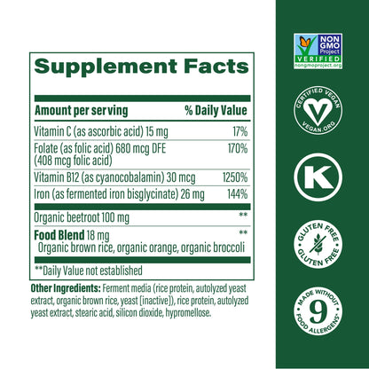 MegaFood Blood Builder Iron Supplement Clinically Shown to Increase Iron Levels Without Side Effects, Vegan Supplement For Women with Vitamin C, Vitamin B12 & Folic Acid, 90 Tablets - Nirvana Guru