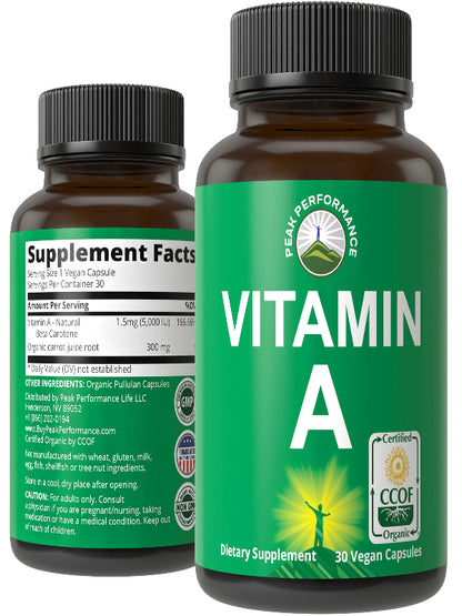 Certified Organic Vitamin A 5000 IU Supplement Capsules High Potency Vitamins. For Adults, Men, Women, Kids. Made with Organic Carrot Juice. Great for Immune, Skin, Eye Support. Non GMO, Vegan Pills Nirvana Guru
