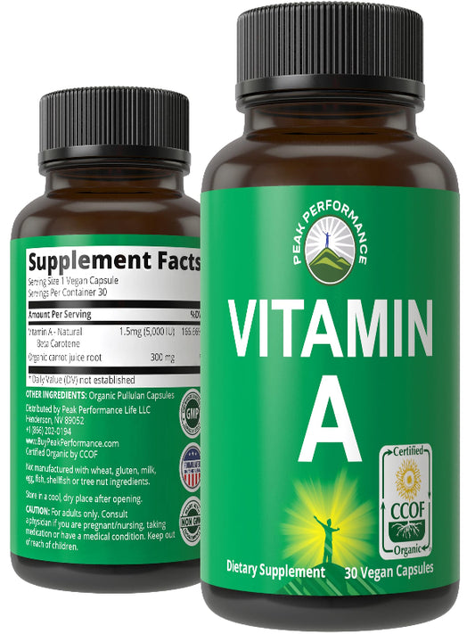 Certified Organic Vitamin A 5000 IU Supplement Capsules High Potency Vitamins. For Adults, Men, Women, Kids. Made with Organic Carrot Juice. Great for Immune, Skin, Eye Support. Non GMO, Vegan Pills Nirvana Guru