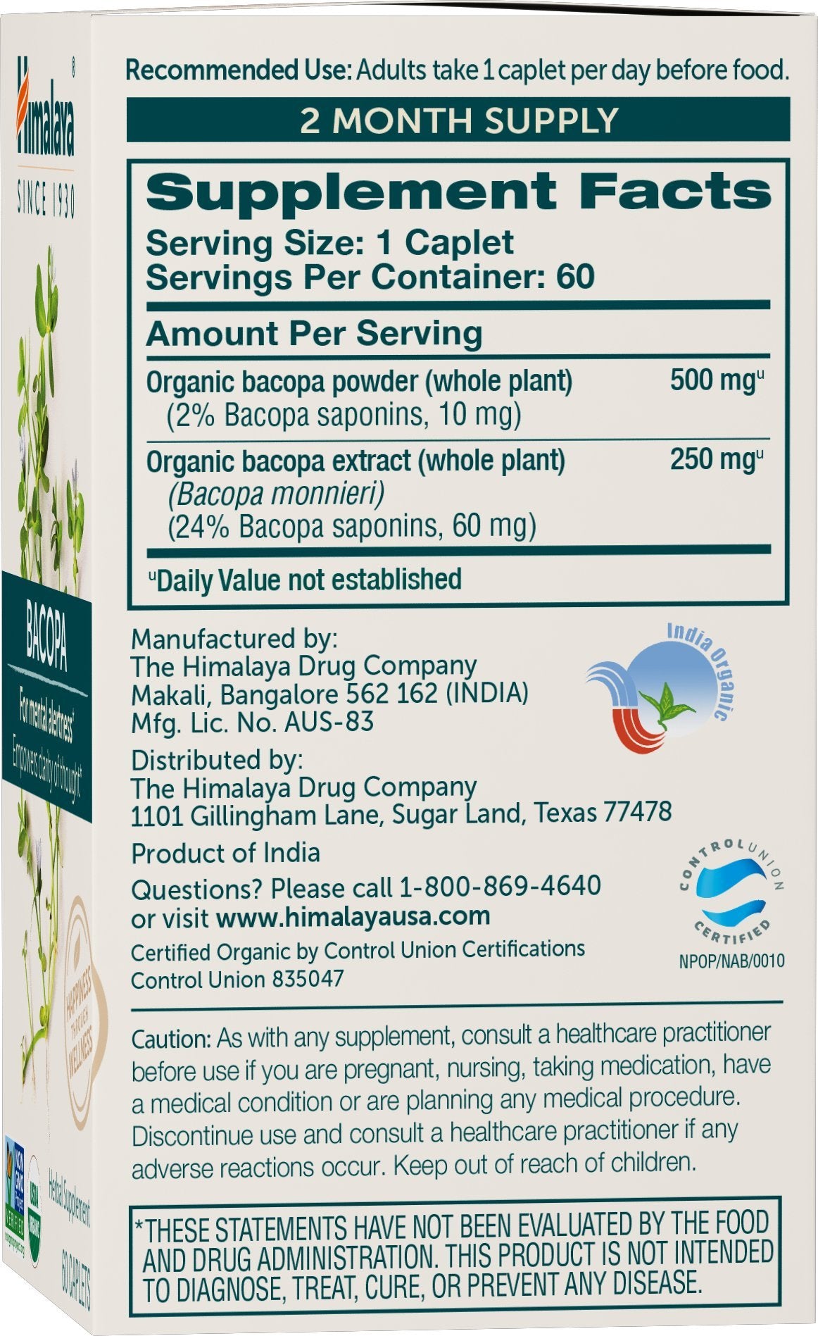 Himalaya Organic Bacopa Monnieri Nootropic Herbal Supplement, Supports Calm, Memory, Cognition, USDA Certified Organic, Non-GMO, 750 mg, 60 Plant-Based Caplets, 60 Day Supply - Nirvana Guru