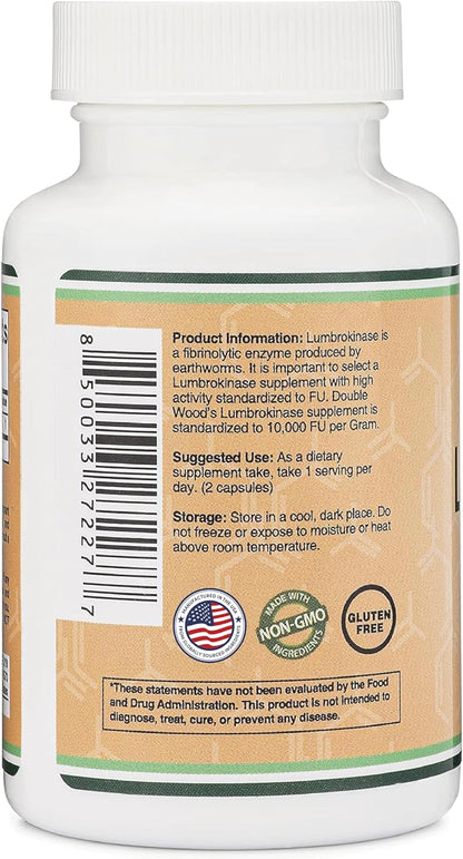 Lumbrokinase Enzymes Supplement - 120 Capsules (Max Activity 10,000 FU/Gram) 150mg per Serving (No Fillers, Non-GMO, Gluten Free) for Cardiovascular and Blood Circulation Support by Double Wood Nirvana Guru
