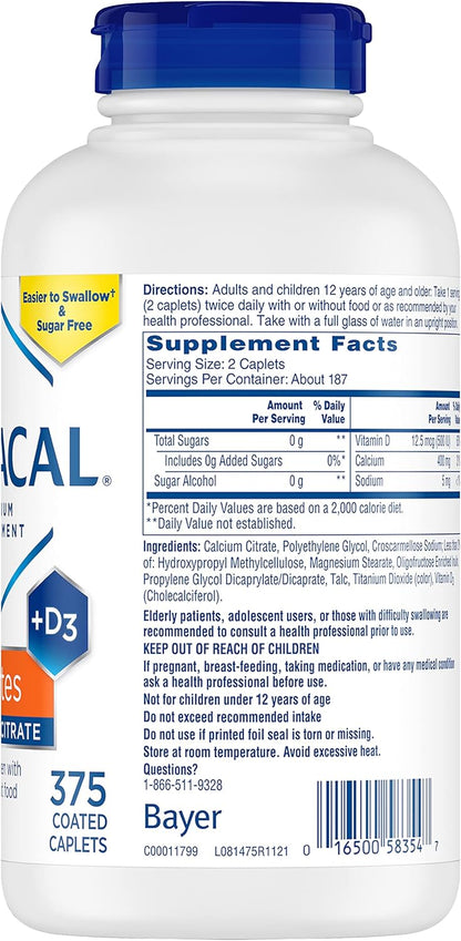 Citracal Petites, 400 mg Calcium Citrate, Easily Absorbed and Highly Soluble with 12.5 mcg (500 IU) Vitamin D3, Bone Health Support for Ages 12+, Smaller and Easier to Swallow Caplets, 375 Count Nirvana Guru