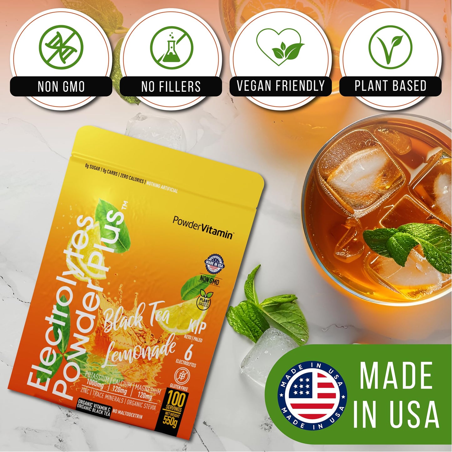 PowerVitamin Lemonade Electrolytes Powder No Sugar for Daily Energy - Keto Electrolytes - Hydration Powder with 1000mg Potassium, 120mg Calcium, Magnesium, Organic Vitamin C, 100 Servings
