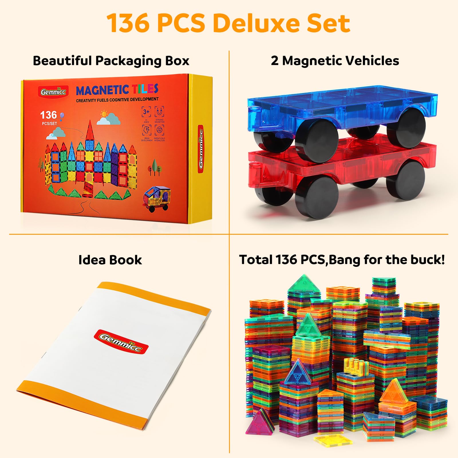 Gemmicc Magnetic Tiles, Deluxe 136 PCS Building Blocks Magnet Toys for Kids,3D Magnet Puzzles Stacking Blocks for Boys Girls,Huge Set with 2 Cars Nirvana Guru
