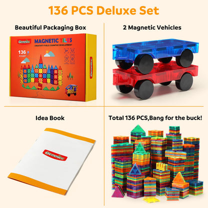 Gemmicc Magnetic Tiles, Deluxe 136 PCS Building Blocks Magnet Toys for Kids,3D Magnet Puzzles Stacking Blocks for Boys Girls,Huge Set with 2 Cars Nirvana Guru