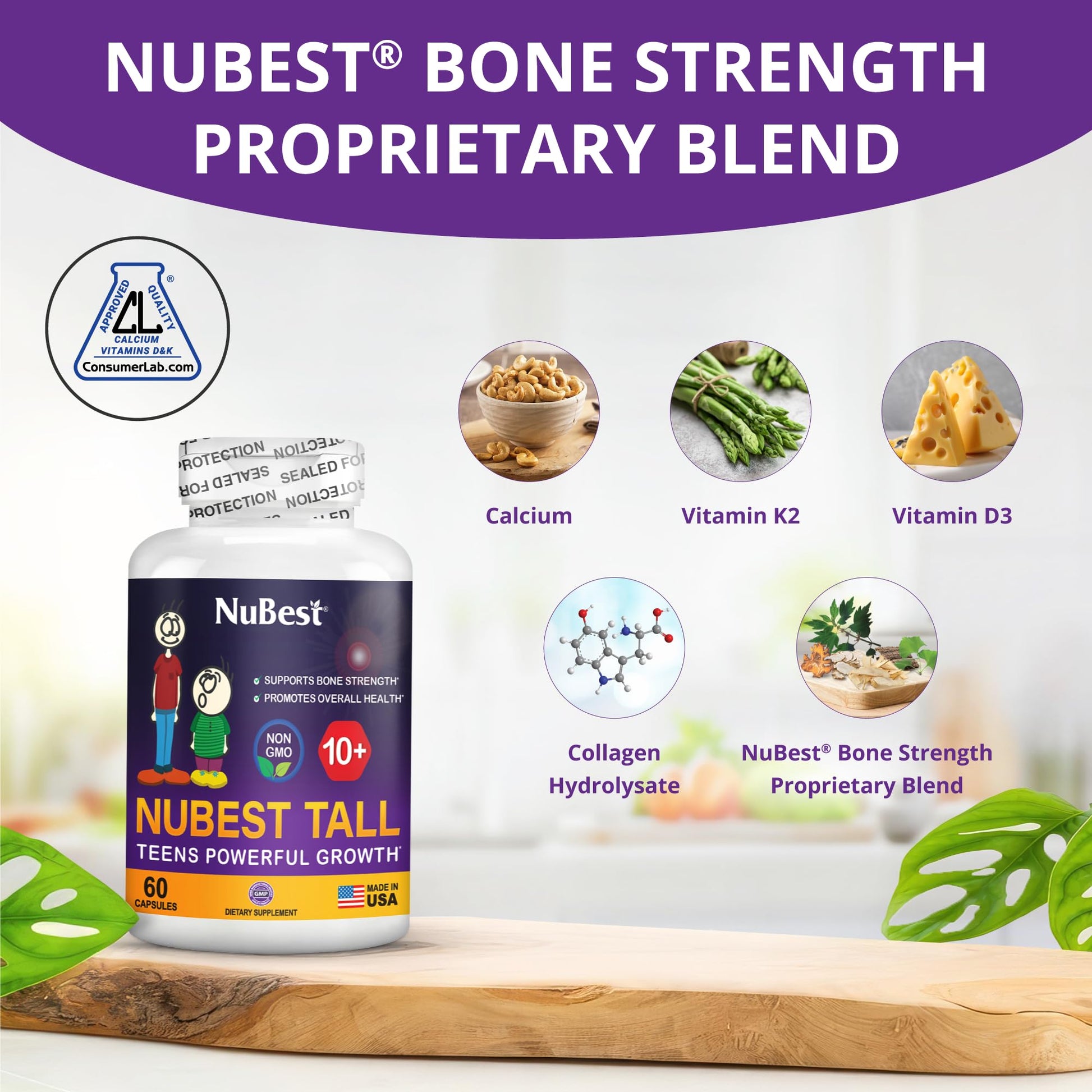 NuBest Tall 10+ Premium Bone Strength Formula, Enhanced Immunity and Overall Health for Age 10+ with Calcium, Vitamin D3, Vitamin K2, and Multivitamins | 60 Capsules | 1 Month Supply Nirvana Guru