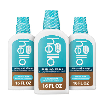 Hello Peace Out Plaque, Antigingivitis Alcohol Free Mouthwash, Natural Mint with Aloe Vera and Coconut Oil, Fluoride Free, Vegan, SLS Free and Gluten Free, 16 Ounce (Pack of 3) Nirvana Guru