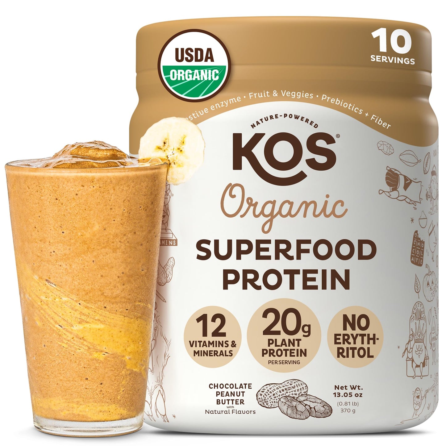KOS Vegan Protein Powder Erythritol Free, Vanilla USDA Organic - Pea Protein Blend, Plant Based Superfood Rich in Vitamins & Minerals - Keto, Dairy Free - Meal Replacement for Women & Men, 28 Servings - Nirvana Guru
