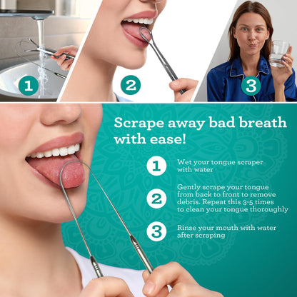 GuruNanda Tongue Scraper for Adults (2 Pack) with Travel Case, 420 Medical-Grade 100% Stainless Steel Tongue Cleaner, Aids in Fresh Breath & Oral Care Nirvana Guru