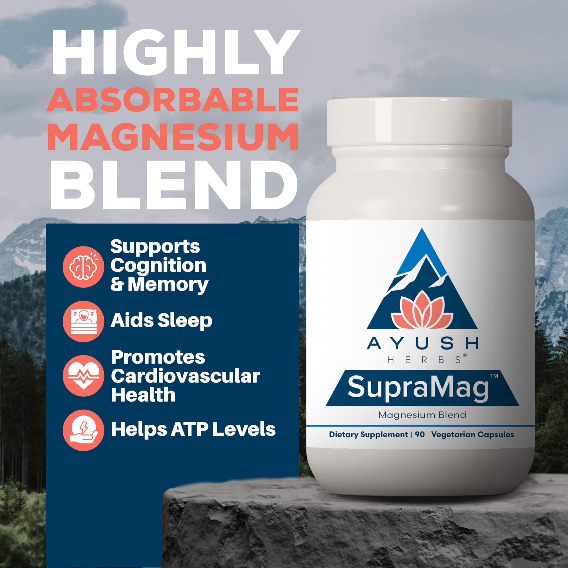 Ayush Herbs SupraMag - Magnesium Blend, 400mg Magnesium Complex Supplement with Chelated Magnesium Bisglycinate, Citrate, Ororate for Sleep, Energy, & Brain Health - 90 Vegetarian Capsules (1 Count) Nirvana Guru