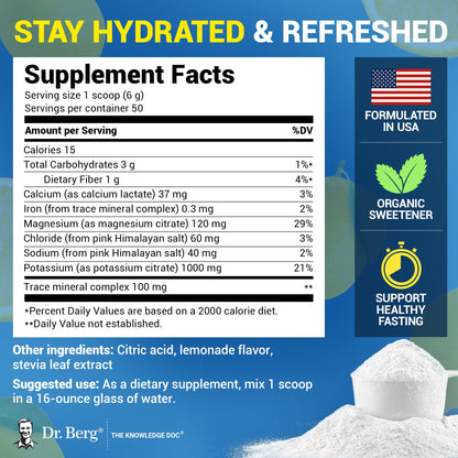 Dr. Berg Zero Sugar Hydration Keto Electrolyte Powder - Enhanced w/ 1000 mg of Potassium & Real Pink Himalayan Salt (NOT Table Salt) - Raspberry & Lemon Flavor Hydration Drink Supplement, 100 Servings